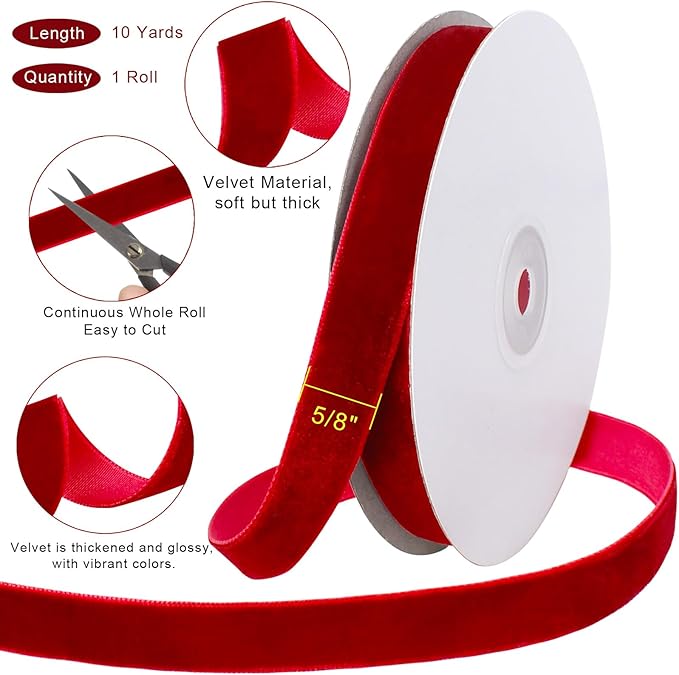 10 Yards Red Velvet Ribbon for Christmas Tree,5/8 Inch Velvet Christmas Ribbon for Gift Wrapping Crafts Bow Wreath Holiday Decorations (Red)