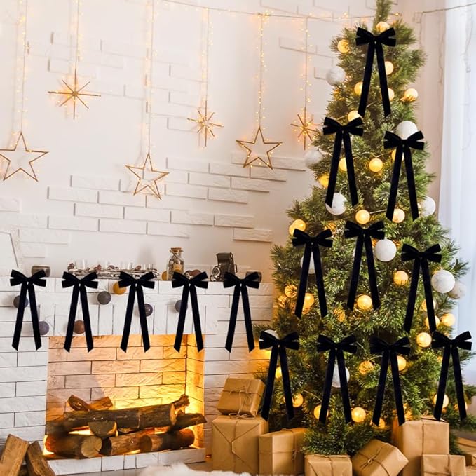 JOICEE 15Pcs Black Velvet Bows, 5in x 12in Christmas Tree Wreath Bows Rustic Crafts Gift Ribbon Bow for Xmas Tree Topper Wreath Garland Fireplace Mantel Staircase Wedding Home Decor