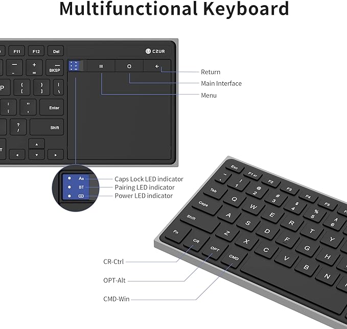 CZUR Rechargeable Bluetooth Keyboard with Touchpad, Portable Computer Keyboard with Trackpad, Wireless Ultra Slim Keyboard for PC/Laptop/Tablet/Phone, for Windows/Android/Mac/iOS