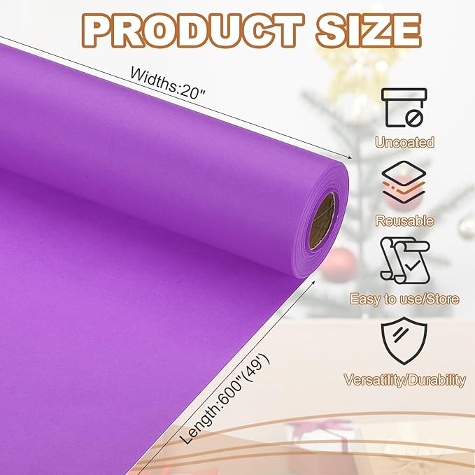 PATIKIL Wrapping Paper, 20" x 600"(49') 70 GSM Craft Paper Roll Kraft Packing Paper for Poster Bulletin Board, Gift Wrapping, Dark Purple
