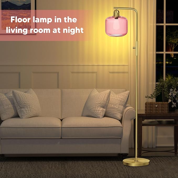 Glass Floor Lamp for Living Room, Modern Standing Lamp with Pink Ribbed Glass Lampshade&Brushed Gold, Stepless Dimmable and Rotary Switch, 66” Tall Lamp & Gold Floor Lamp for Bedroom Study Room, Pink