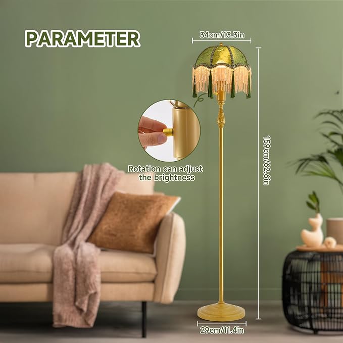 WEILASA Retro Tassel Floor Lamp with Adjustable Light Simple Upright Metal Base LED Night Lamp for Room 13" Wide, 62.7" High