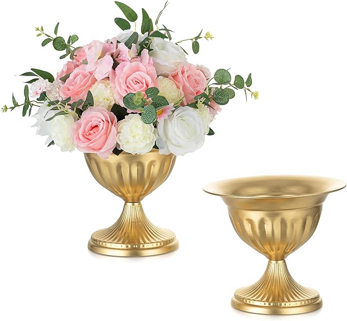 Sziqiqi Gold Metal Urn Vases: 8.6in 2 Pcs Flower Weddings Centerpieces Arrangements for Flower Compote Vase for Wedding Decorations Table Pedestal Vase Bowl for Party