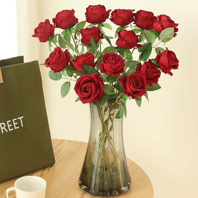 15Pcs Pearl Red Roses Artificial Flowers Fake Roses Long Stem Velet Rose Silk Flowers for Home Wedding Decoration (Pearl Roses,Deep Red)