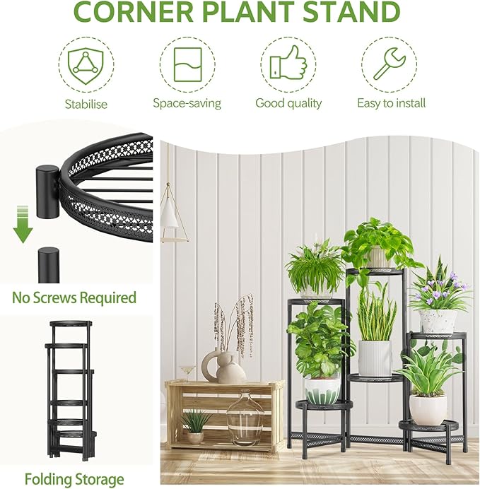 iDavosic.ly 6 Tier Large Plant Stand Indoor with 10-Inch Wide Drainage Tray, Tiered Corner Metal Outdoor Flower Display Holder Shelf, Folding Tall Rack for Patio Porch Balcony, Black Iron Carving