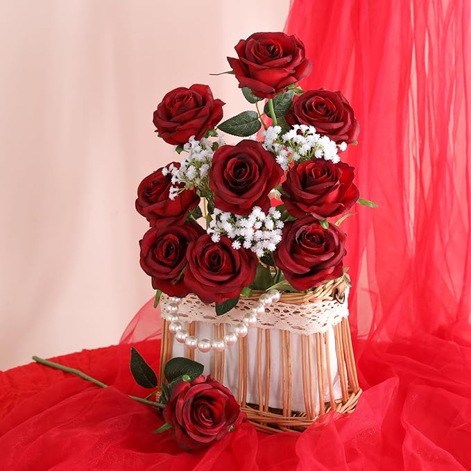 Veryhome Artificial Flowers Silk Roses Real Touch Bridal Wedding Bouquet for Home Garden Party Floral Decor 10 Pcs (Blooming Rose - Gradient Burgundy Red)