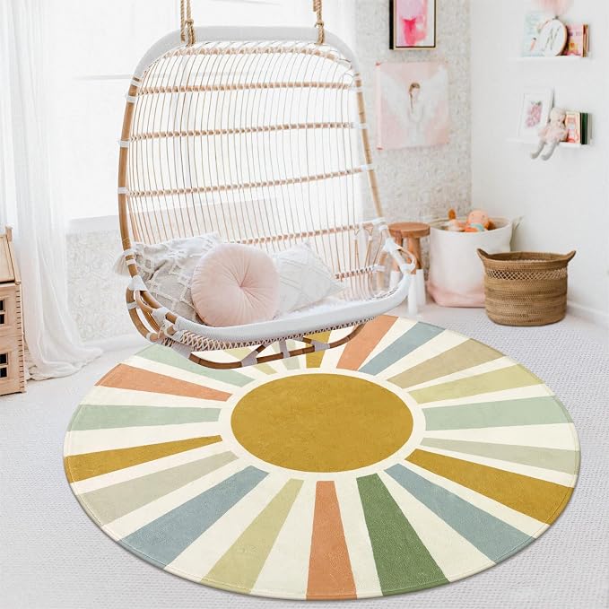 STARUIA Boho Washable Rug 5 Ft Round Area Rug for Bedroom, Rainbow Circle Kids Rug for Office, Non-Slip Circluar Carpet Soft Sunshine for Dorm Nursery Sofa Living Room Corner