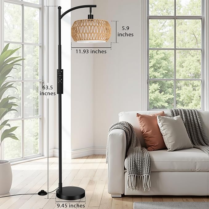 Ambimall Arc Floor Lamp for Living Room with Remote, Color Temperature & Brightness Adjustable, Bohemia Standing Lamp with Rattan & Fabric Double Drum Shades, Bulb Included(Black)