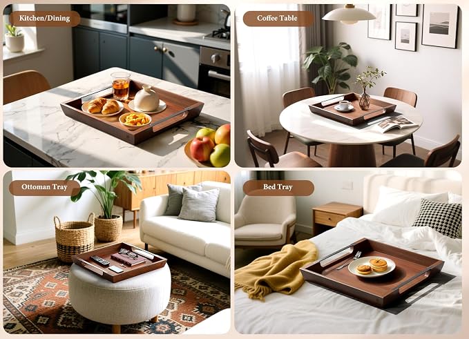 Large Ottoman Tray: 20" Square Acacia Wood Serving Tray with Metal Handles - Extra Large Decorative Tray for Coffee Table, Breakfast in Bed, Charcuterie, Living Room & Party