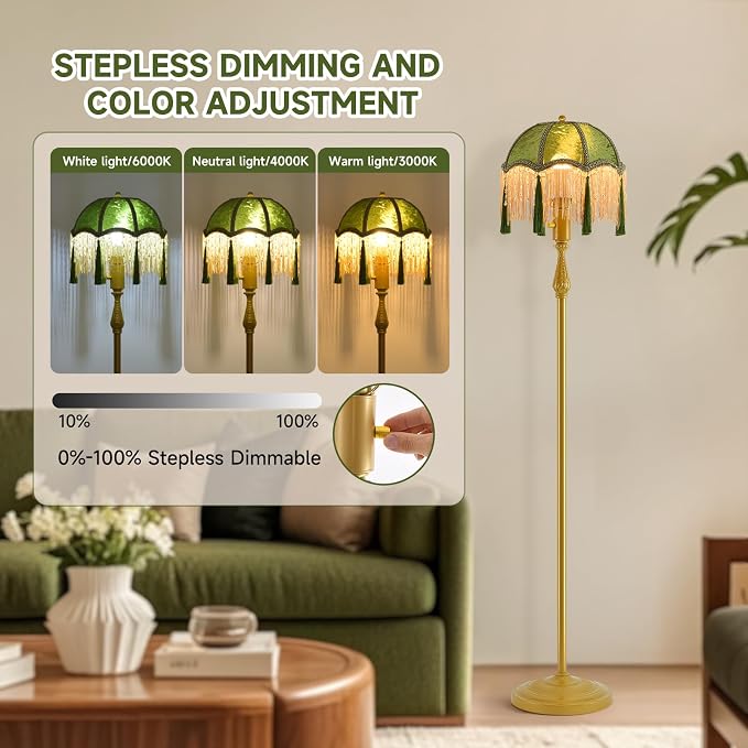 WEILASA Retro Tassel Floor Lamp with Adjustable Light Simple Upright Metal Base LED Night Lamp for Room 13" Wide, 62.7" High