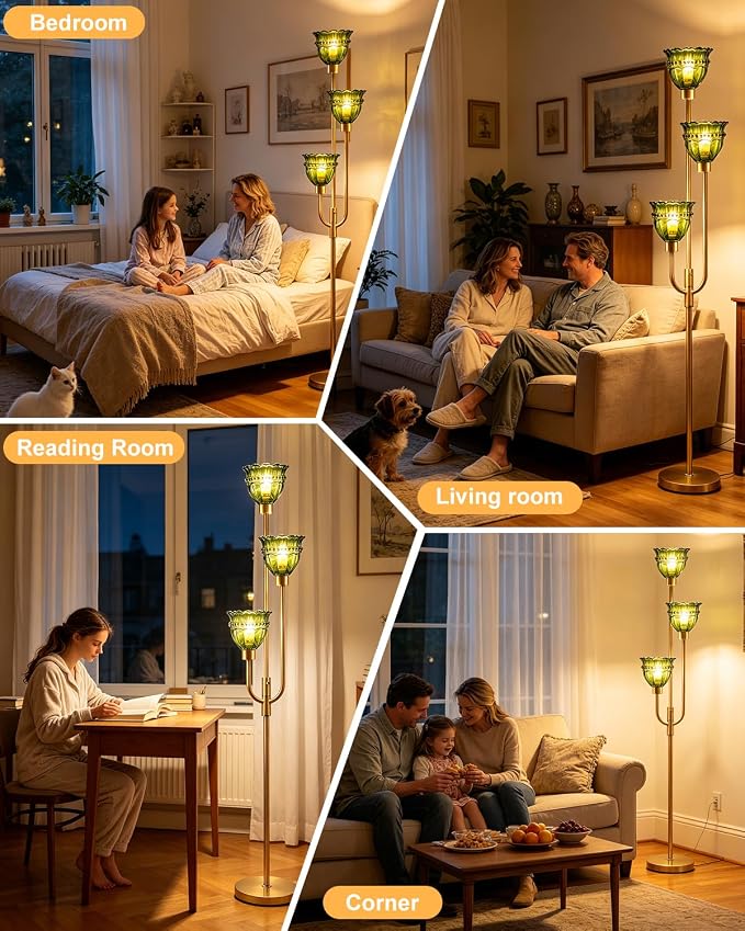 Lightdot 66IN 3-Lights Modern Glass Floor Lamp Gold Dimmable Floor Lamps with 3000K Warm White Bulbs for Wedding Party Tall Standing Lamp with Green Glass Shade for Living Room/Bedroom/Home Decor