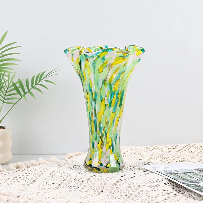 9.0"H Green Glass Vases for Flowers, Unique Hand Blown Glass Vase Green Gold Home Decor, Wide Mouth Colorful Flower Vase Centerpieces, For Living Room Table Bookshelf, Bathroom Office Shelf Decorative