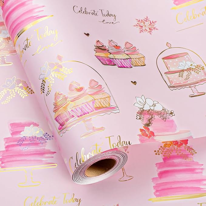 Merture Pink Wedding Wrapping Paper Roll - Foil Doodle Style Gift Wrap with Sweet Cake Pattern - 17 In X 32.8 Ft(46.5 sqft) for Wedding, Bridal Shower, Valentines Day, Girls Birthday Party