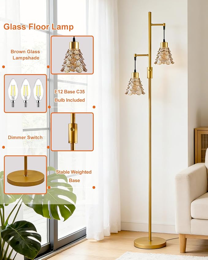 Lightdot 65IN Glass Floor Lamp for Living Room, 2- Light Gold Floor Lamps with Amber Glass Shade& Warm White Bulbs, Modern Standing Tall Lamp with 5Lbs Heavy Base for Bedroom/Corner Beside/Home Decor