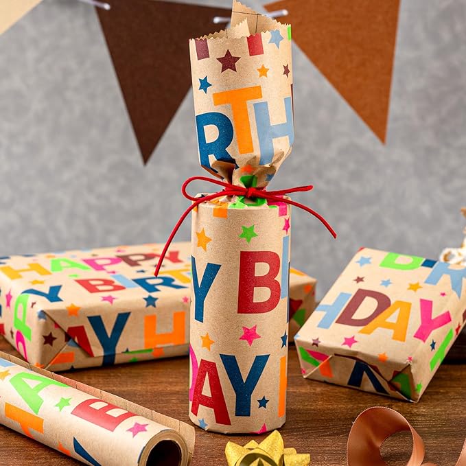 MAYPLUSS Happy Birthday Wrapping Paper Roll, Colorful Kraft Birthday Gift Wrap for Boys Girls Men Women 17 IN x 16.5 FT
