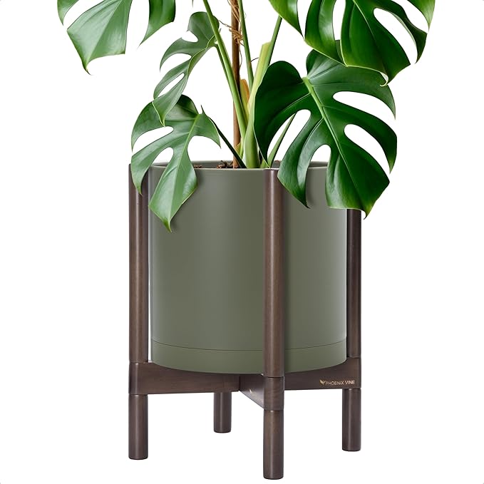 D'vine Dev Planter Pot with Stand - 12 Inch Plastic Cylinder Flower Pot with Wood Planter Holder for Indoor, Olive Pot + Walnut Color Stand, 55-C-O-3