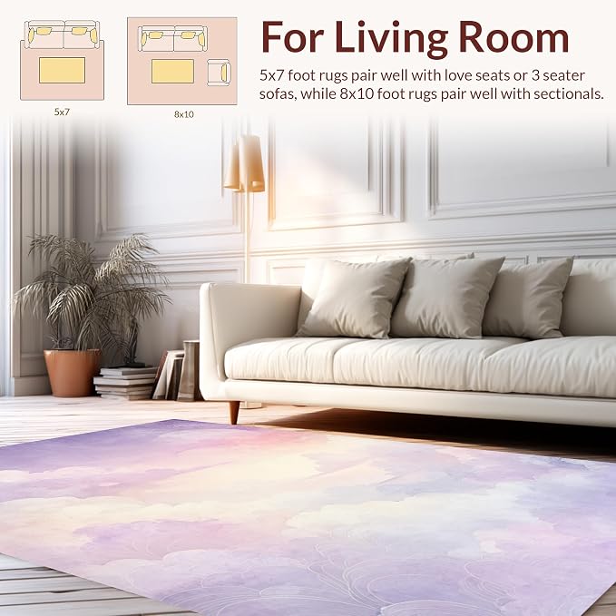 Flatwoven High Traffic Area Rug 6x9, Dreamlike Cloud with Hues and Subtle Gradients, Non Slip, Stain Resistant, Washable Area Rugs for Living Room, Bedroom (Purple, 6x9)