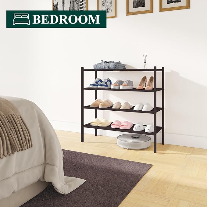 Smiry Bamboo Shoe Rack, 4 Tier Shoe Organizer for Entryway & Closet, Stackable Free Standing Storage Shelf for Shoes, Bags & Plants, Brown