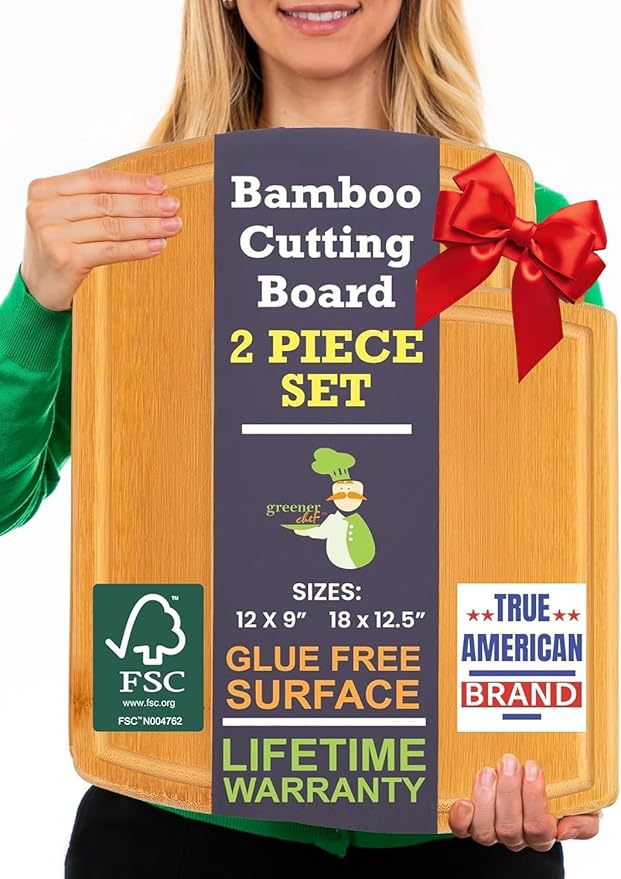 Extra Large Bamboo Cutting Board Set of 2 – Wood Cutting Boards for Kitchen with Glue-Free Surface™ & Juice Groove – Non-Toxic Wooden Chopping Boards, FSC-Certified, Durable Carving Boards