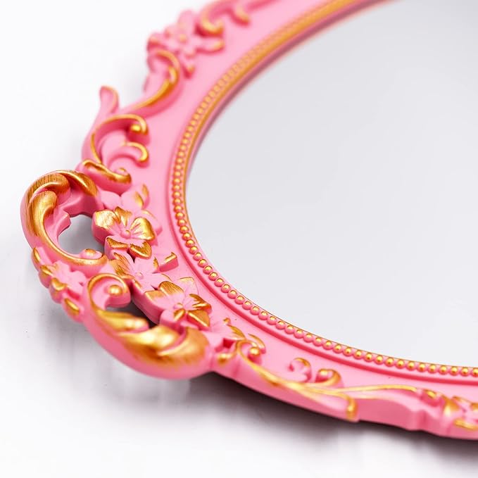 Tstarer Vintage Decorative Pink Framed Mirror, Wall Hanging Mirrors & Tabletop Tray for Bedroom Living Room Dresser Decor, Oval- 9.6" W x 14.3" L (Pink)