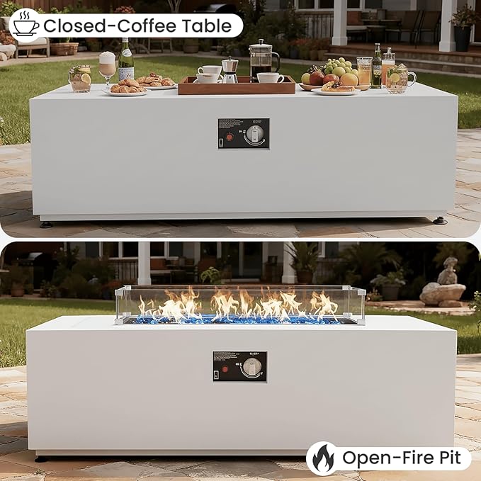 Aeeiua 42" Propane Fire Pit Table Set with Tank Holder, Rectangle 2-Piece Outdoor Firepit Wind Guard, Lid, Glass Stones and Cover