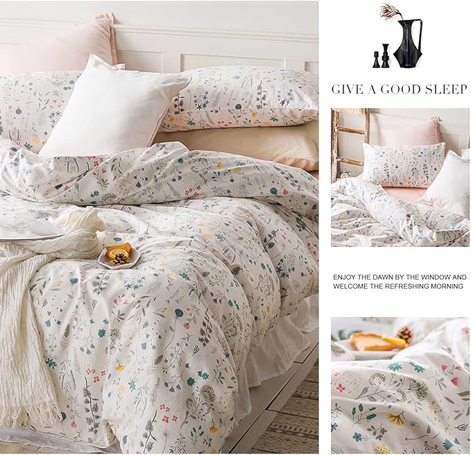 HighBuy Floral Duvet Cover Queen 100% Cotton Bedding Set Queen Girls Boys Cottagecore Bedding 3 Piece Comforter Cover Ultra Soft Garden Floral Quilt Cover with Zipper Closure