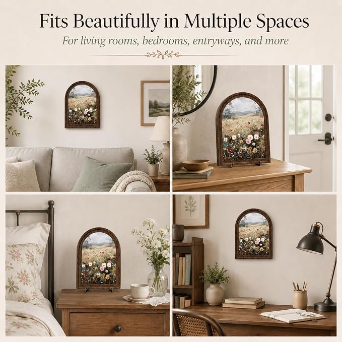Rustic Farmhouse Tabletop Decor Sign, Arched Wooden Frame with Stand, Soft Wildflower Meadow Art for Living Room Dining Room Bedroom, Warm Gift for Friends