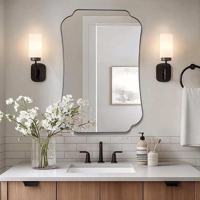 ANDY STAR Bathroom Vanity Mirror, 24x36 Matte Black Rectangle Mirror with Scalloped Round Corner, Vintage Asymmetrical Metal Wall Mirror for Entryway, Living Room