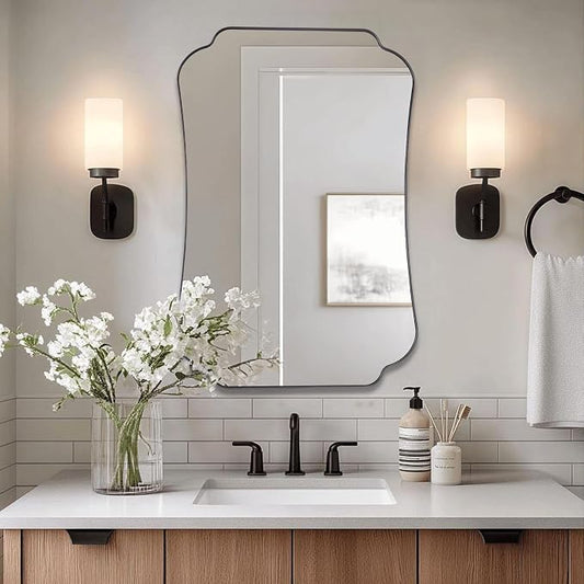 ANDY STAR Bathroom Vanity Mirror, 24x36 Matte Black Rectangle Mirror with Scalloped Round Corner, Vintage Asymmetrical Metal Wall Mirror for Entryway, Living Room
