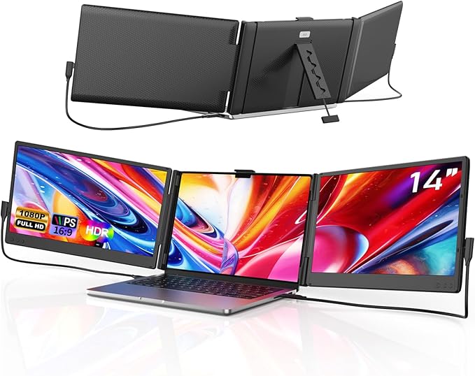 FEZOBR Laptop Screen Extender, 14'' FHD 1080P IPS Portable Monitor for Laptop, Triple Screen Extender Monitor Plug-Play for Mac/Windows/Chrome, Fit 13”-17.3” Laptops