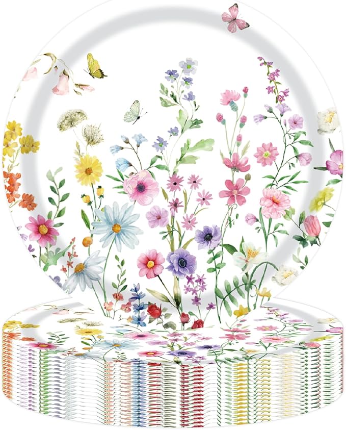 50PCS Wildflower Party Paper Plates 7 Inch, Disposable Floral Cake Dessert Plates for Spring Summer Picnic Wedding Baby Shower Birthday Tea Party Decorations (Wildflower)