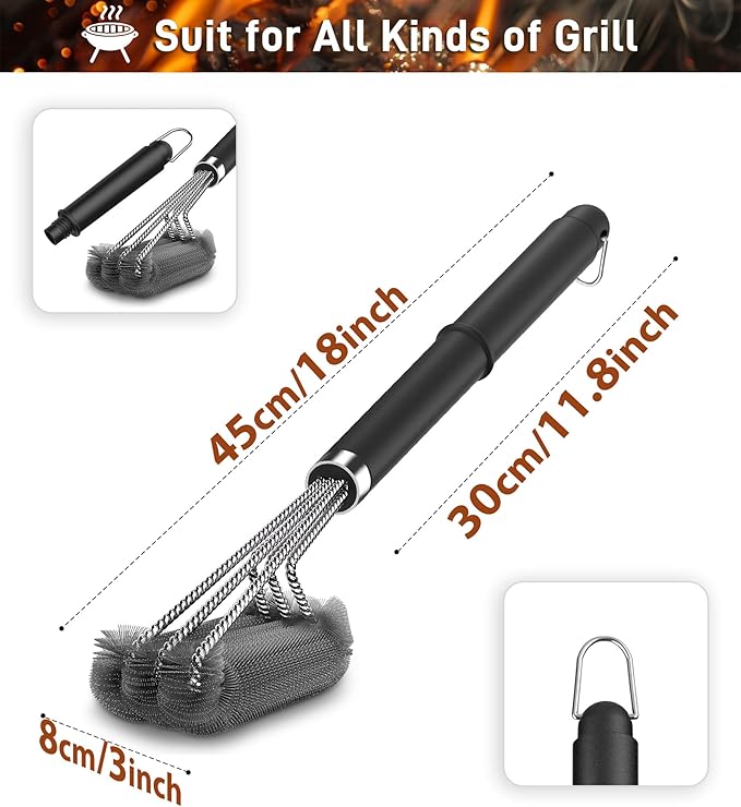 PePeng BBQ Grill Cleaning Brush, Heavy Duty Grill Cleaning Brush for Outdoor Grill, 3-Branch Stainless Steel Bristles Cleaner for Easier and Effective Clean, BBQ Tools for Gas/Charcoal Grilling Grates