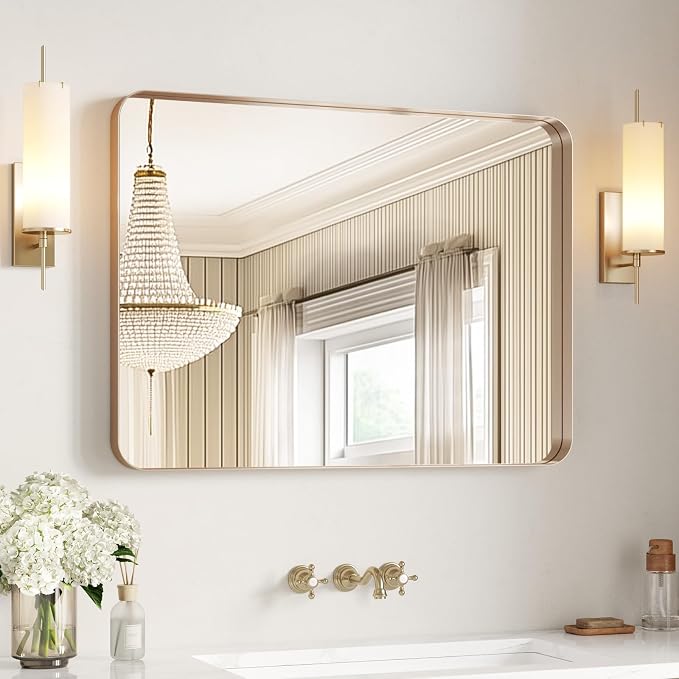 USHOWER Gold Bathroom Mirror 30"x40", Brushed Gold Rectangle Mirror for Over Sink, Aluminum Frame, Anti-Rust, Tempered Glass, Horizontal or Vertical Mounted, Champagne Gold (Neutral Gold)