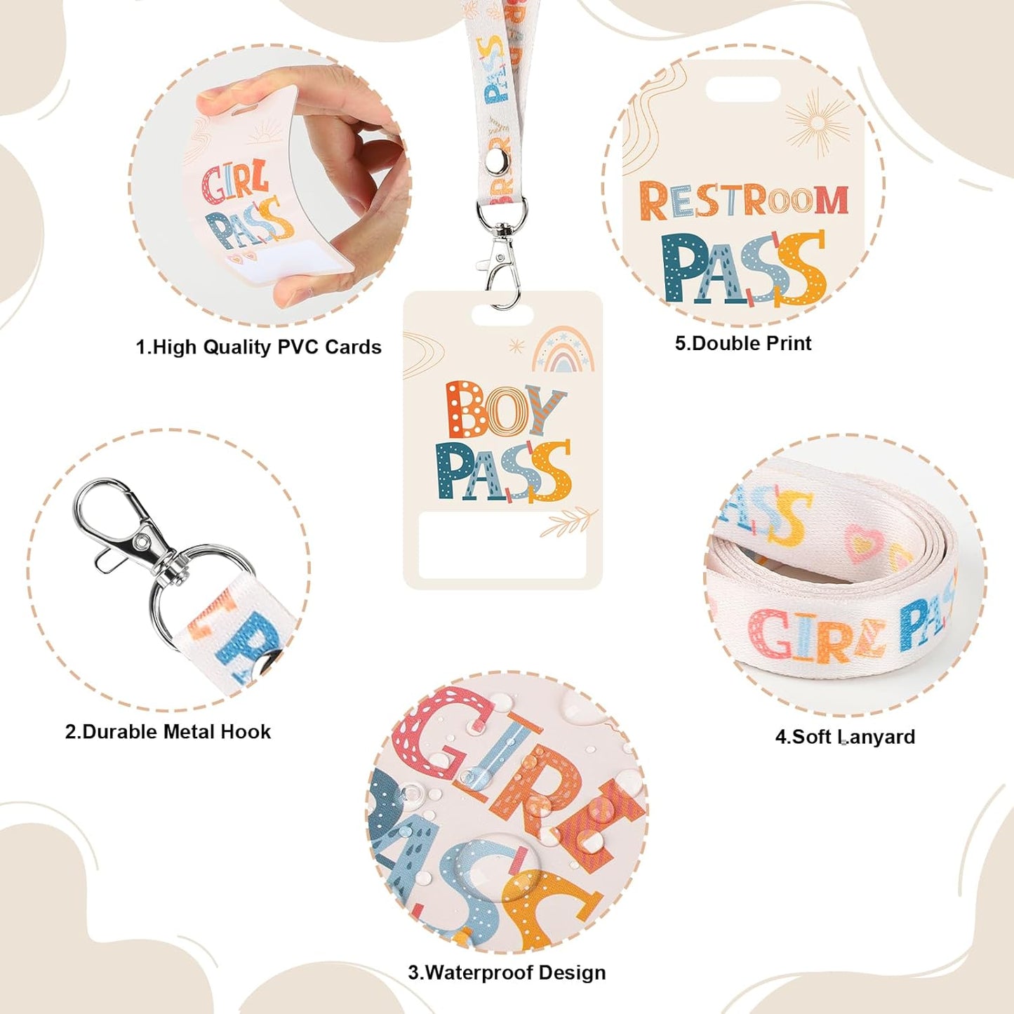 Skiennix Hall Passes - 6 PVC Lanyards for Classrooms | Ideal for School, Library & Office Use