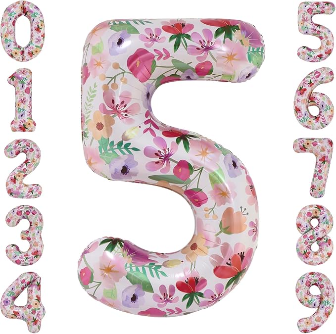 Flower Balloons 40 Inch Floral Number 5 Balloon for 5th Birthday Garden Party Decorations Five Year Old Photo Props Foil Number 5