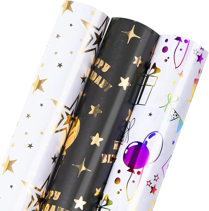 Linnoptimix Birthday Wrapping Paper Rolls -3 LARGE ROLL-27inch*78 inch per roll Colorful Foil wrapping paper (Birthday 1 Black/Gold&1 White/Gold &1White/Colorful Foil（011）)