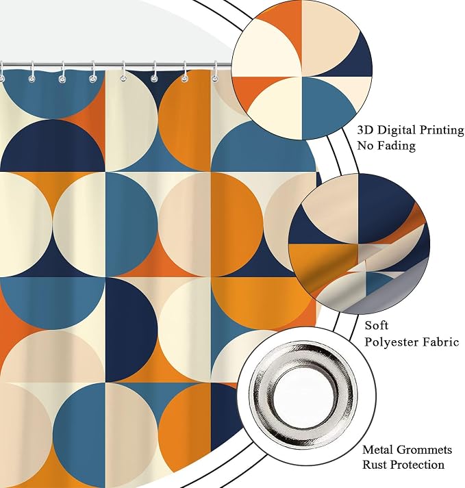 Mid Century Modern Shower Curtain, Colorful Boho Abstract Geometric Retro Art Shower Curtains for Bathroom, Colorful Unique Pattern Polyester Fabric Shower Curtain Set 12 Hooks 72X72IN