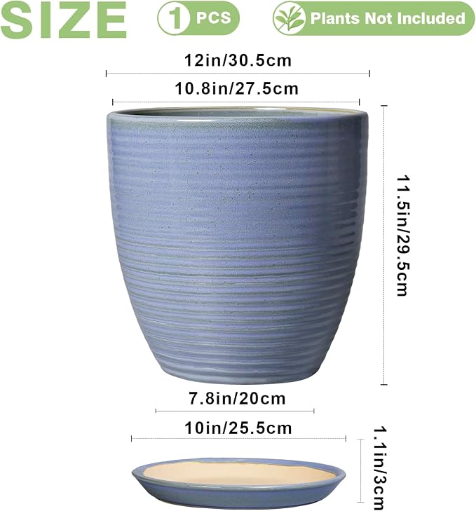 Ceramic Planter - Modern Round 12 Inch Pots for Plants with Drainage Hole and Plant Saucer for Flower Indoor, Garden Room Home Office House Decor, House Warming Gifts, Blue-Purple