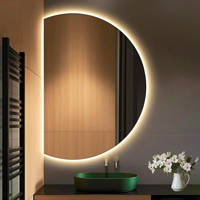 Modern Smart Anti-Fog Bathroom Mirror with Lights, Half Moon LED Wall Mirror, 3 Colors Dimmable Makeup Vanity Mirror, Large Frameless Decorative Mirror for Living Room(Left Cut,47"x32")