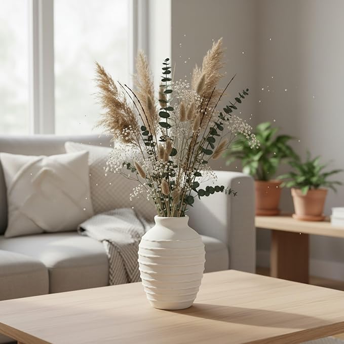 Ceramic Flower Vase 7.3 Inch Modern Farmhouse Vases Rustic Decorative Vase Home Decor Minimalist Handcrafted Pottery Terracotta Centerpiece Vases for Living Room,Bedroom,Table,Weddings,Office-White