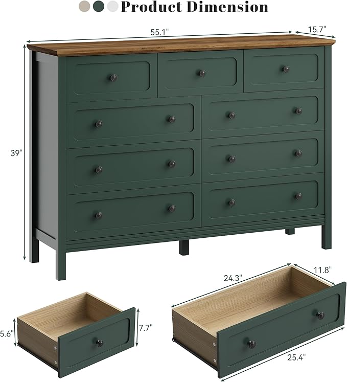 CARPETNAL Green Dresser for Bedroom, 55" Wide 9 Drawer Dresser with Metal Handles and Deep Drawers, Modern Large Wood Chest of Drawers for Living Room, Hallway.