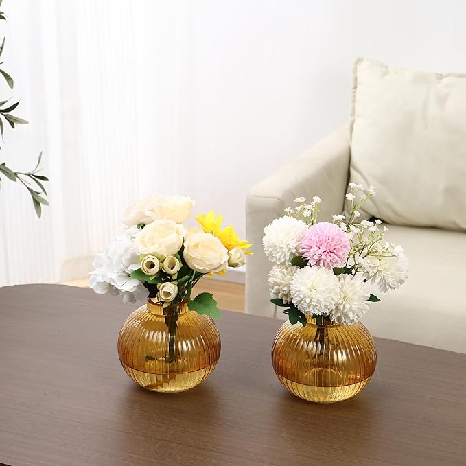Round Glass Vases, Set of 2 Small Vases for Flowers, Amber Glass Vase for Tulips, Modern Vase for Living Room, Office, Coffee Table, Shelf, Wedding, 5 Inches