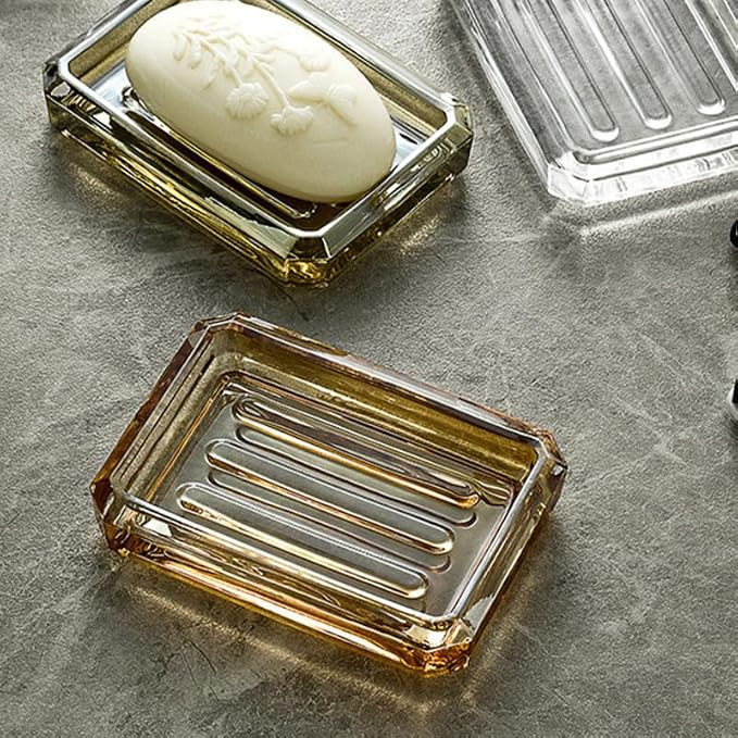 NOLITOY Glass Soap Dish Light Brown Amber Ribbed Bar Holder Decorative Tray for Bathroom Vanities Kitchen Sinks Shower Countertop Clear Savers Modern Vintage Decor Accessory 4.91 x 3.54 x 0.98 Inch