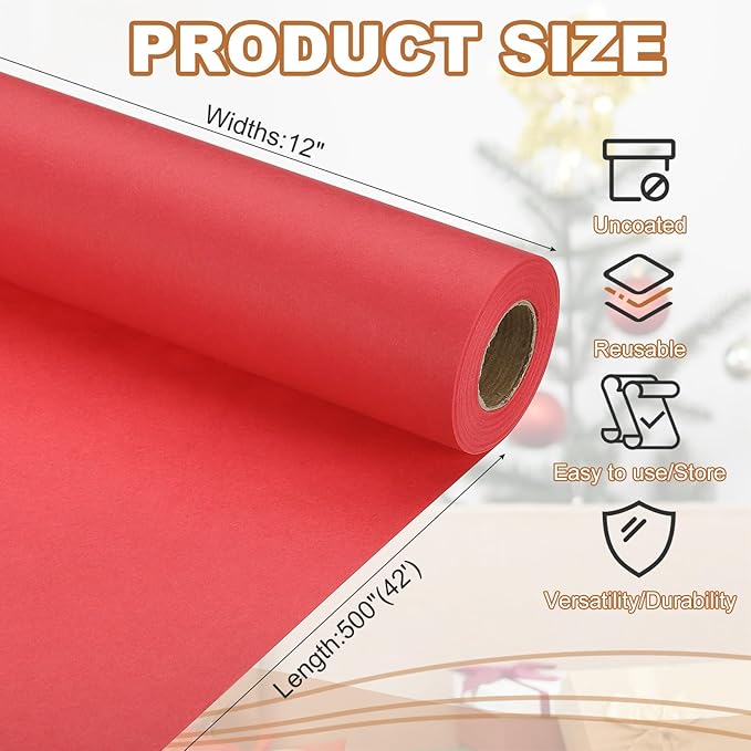 PATIKIL Wrapping Paper, 12" x 500"(42') 70 GSM Craft Paper Roll Kraft Packing Paper for Poster Bulletin Board, Gift Wrapping, Bright Red
