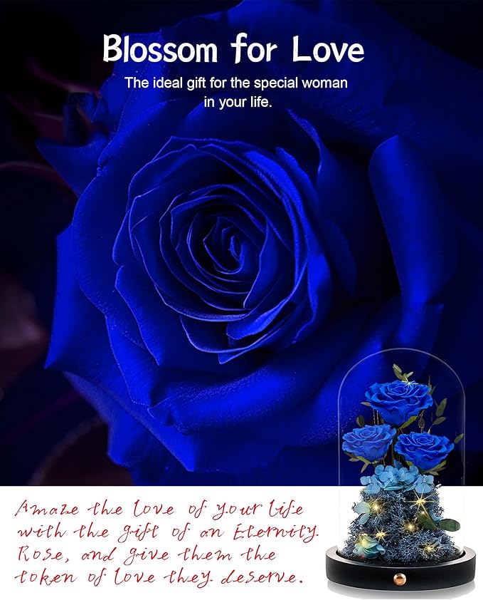 Christmas Flowers Roses Gifts for Mom,Forever Real Preserved Roses in Glass Dome,Christmas Anniversary Thanksgiving Gifts for Wife Girlfriend Women Best Friend Grandma/Blue Rose