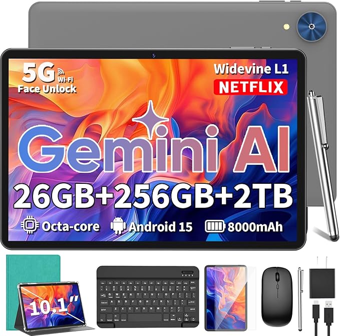 Relndoo Android Tablet, 10.1 inch Android 15 Tablet with Keyboard, 24GB+256GB+2TB Expandable, 2 in 1 Tablets with Keyboard Case Mouse Stylus, Gemini AI, 8-core, 8000mAh, 5G WiFi, GMS,GPS (Green)