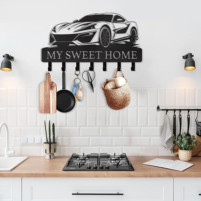 Personalized Metal Key Holder Wall Mount with Hooks, Decorative Car Design Key Hanger for Front Door, Entryway, Hallway, Office