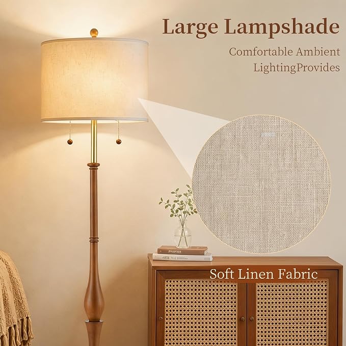67.5'' Rustic Wooden Floor Lamp with Linen Shade, Farmhouse Floor Lamp for Living Room, Bedroom & Reading Nook, 3-Color Adjustable Tall Lamp with Pull Chain (Walnut)