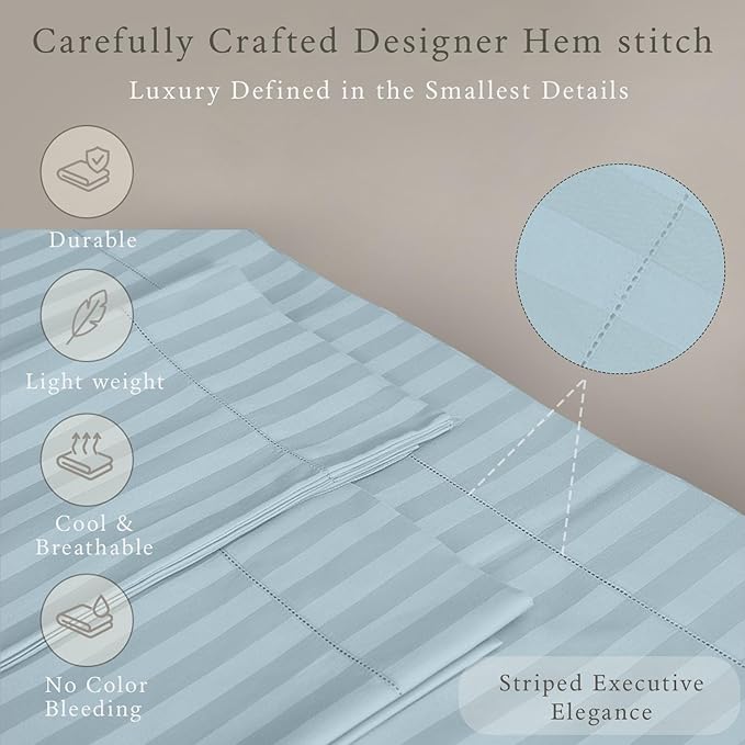Threadmill 500 Thread Count Queen Size Damask Stripe, 4 Pc Luxury Cotton Bedding Set, Silky Smooth Light Blue Sheets with 16" Elasticized Deep Pocket, 2 Pillowcases & Free Tote Bag