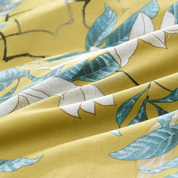 mixinni Floral Duvet Cover Set Full Soft Cotton White Flowers Birds Bedding with Zipper Closure 2 Pillowcases Leaf Printed Yellow Comforter Cover Set-Easy Care, Soft and Durable-Full Size